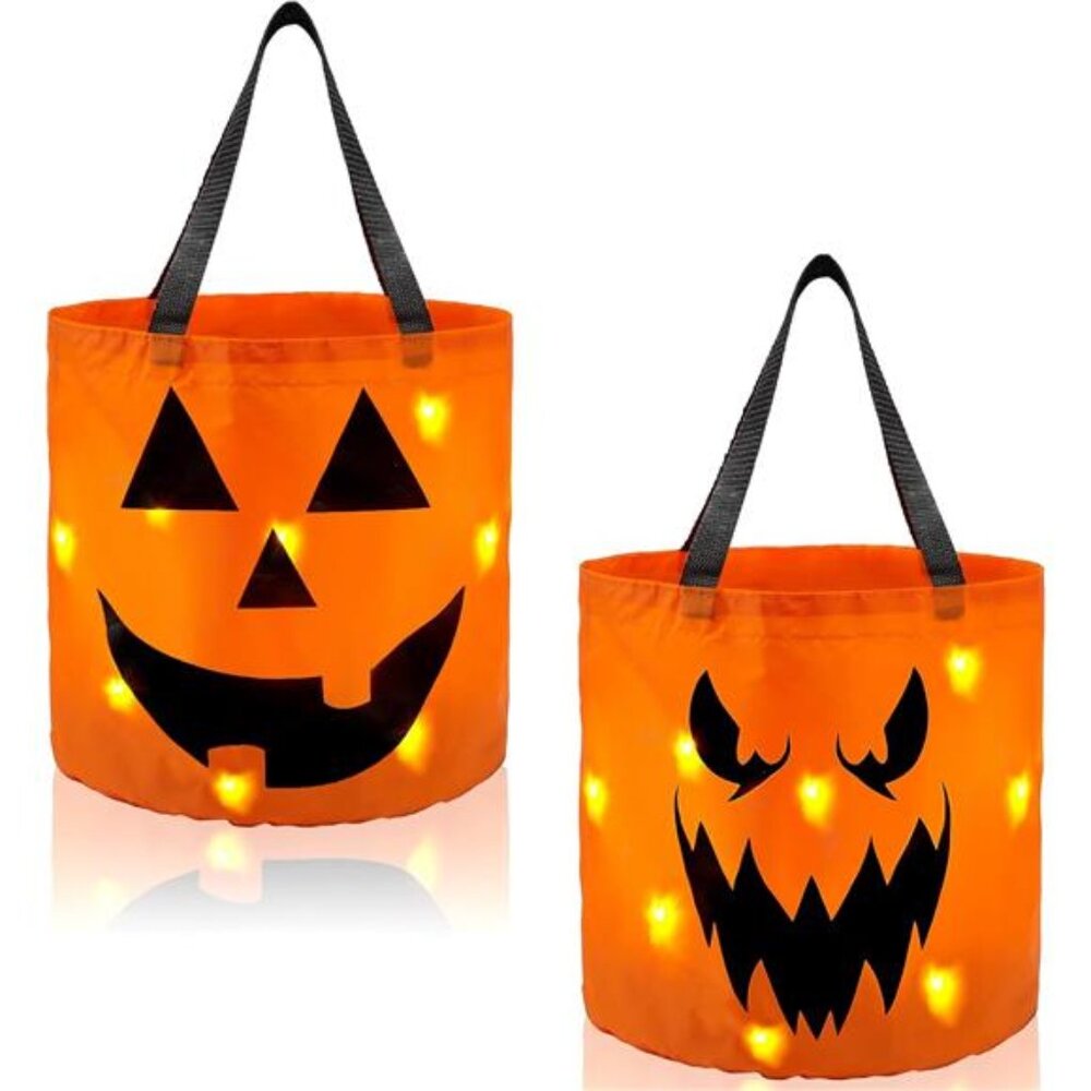 2 PCS Halloween Trick or Treat Bags 10 x 11.8 inches LED Light Pumpkin Buckets